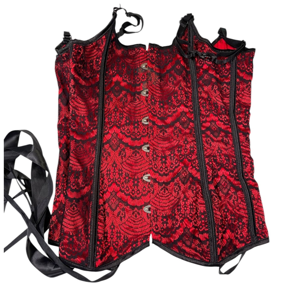 Adore‎ Me L Red Black Lace Corset Top Busk Front Lace Up Back Gothic Burlesque